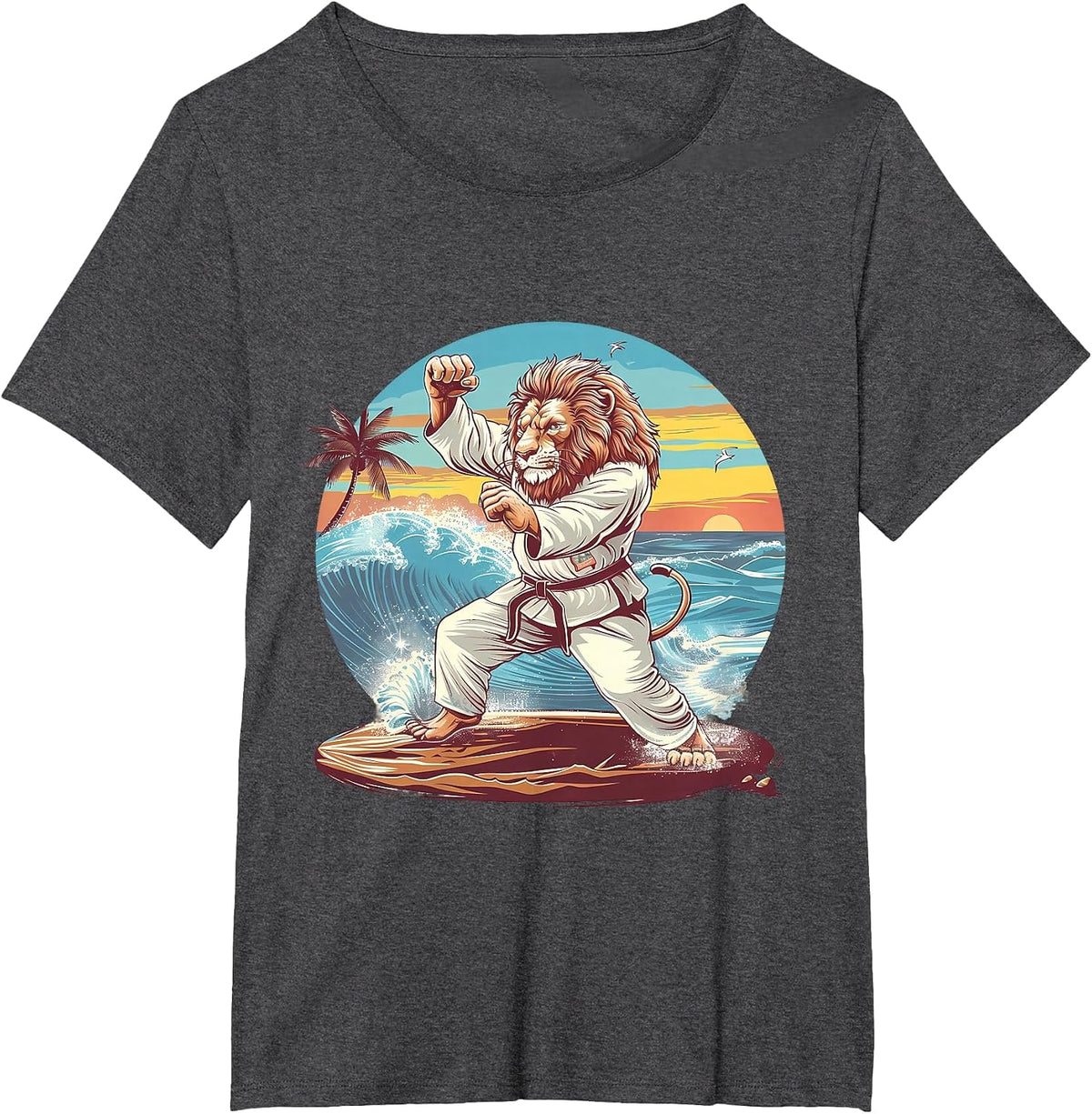 Kickboxing Lion Beach Sunset Jiu-Jitsu Taekwondo Lion Lover T-Shirt - Dark Heather Grey
