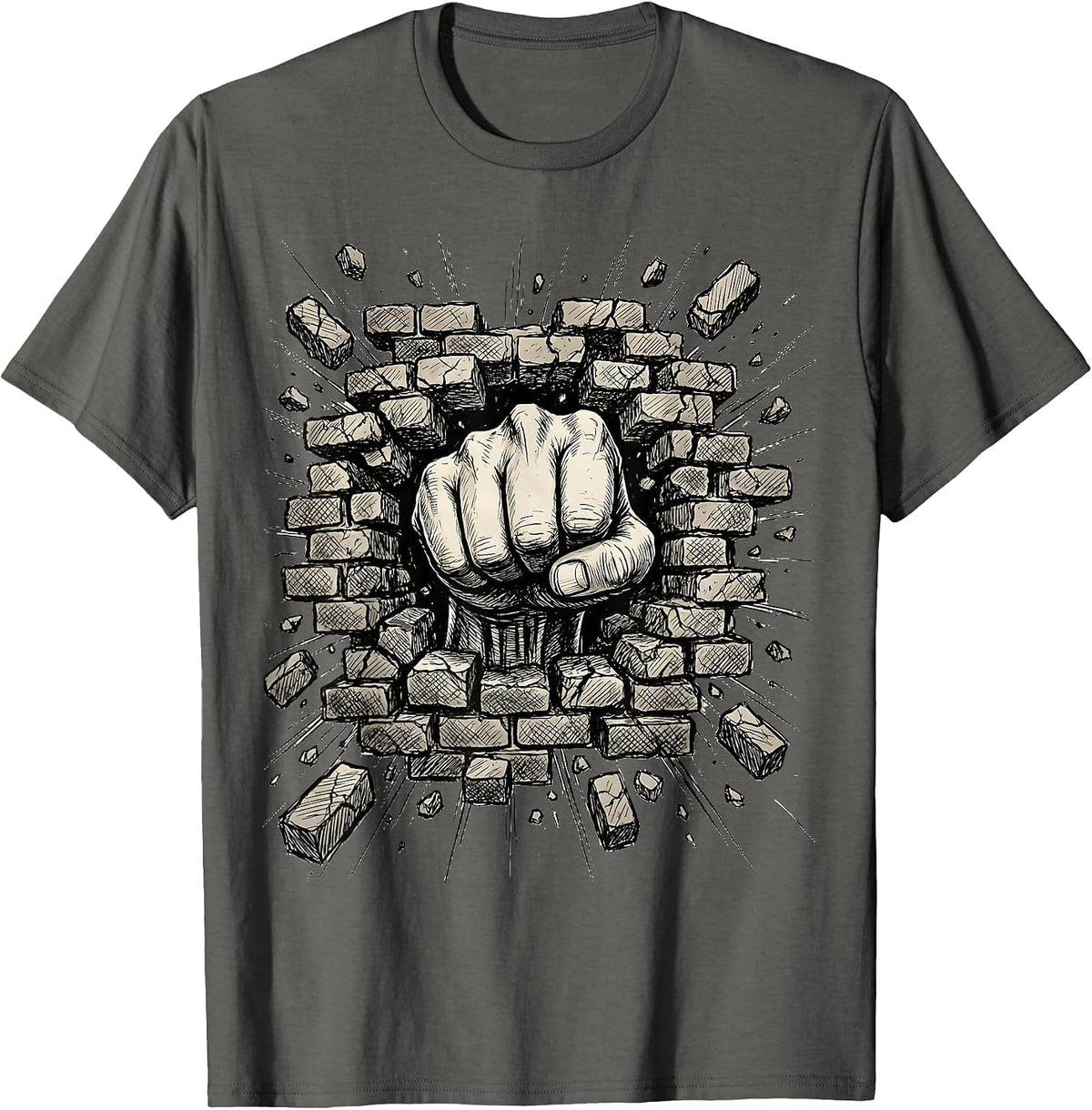 Men's Grunge Fist Through Brick Wall Graphic Tee T-Shirt - Asphalt Grey