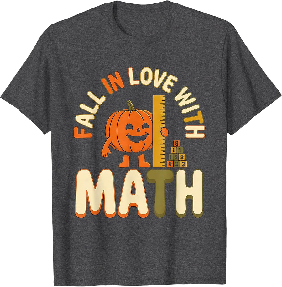 Men's Fall In Love With Math Retro Teacher Pumpkin Autumn T-Shirt - Dark Heather Grey