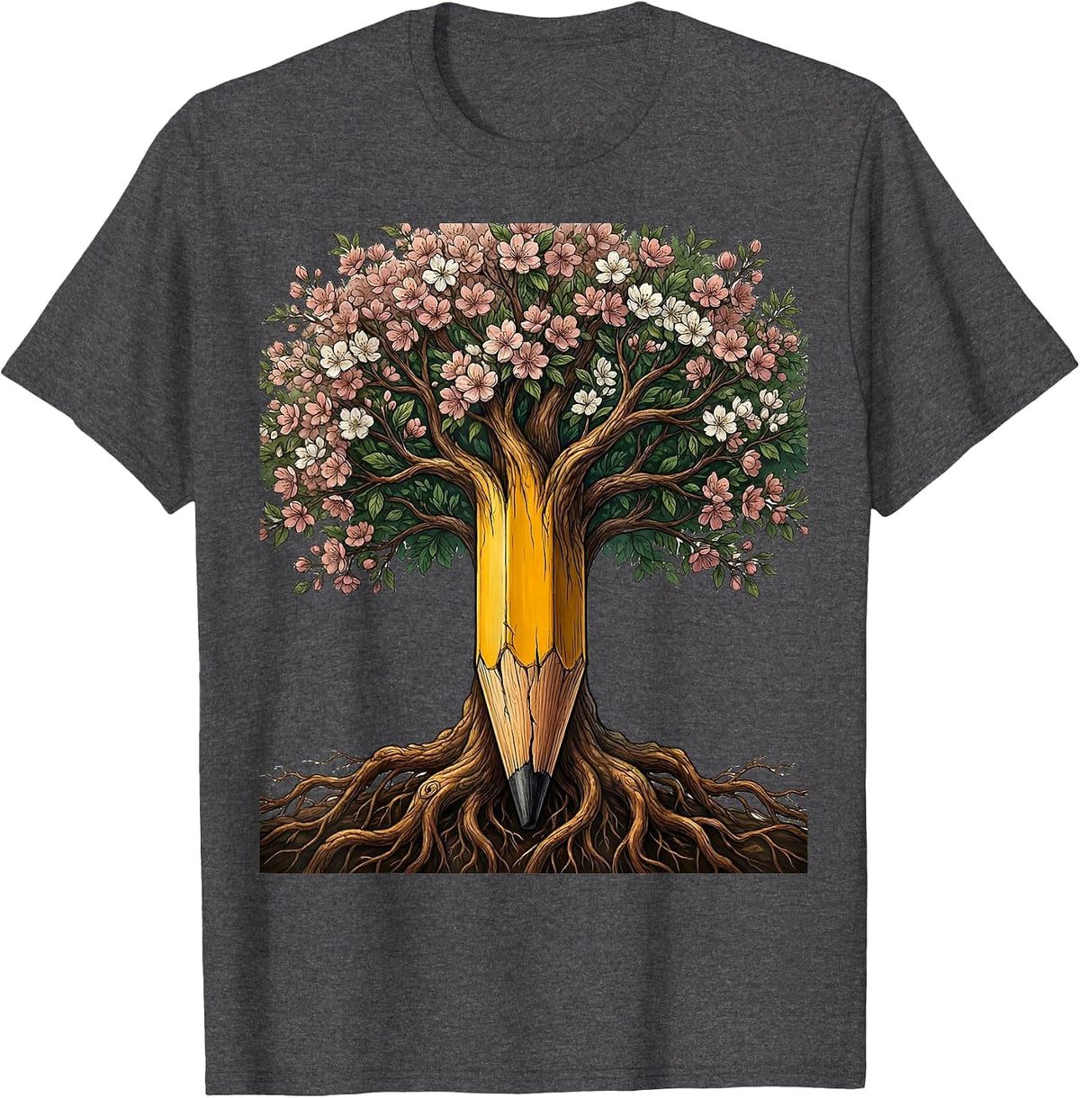 Art Teacher Cracked Pencil Blooming Tree Graphic T-Shirt - Dark Heather Grey