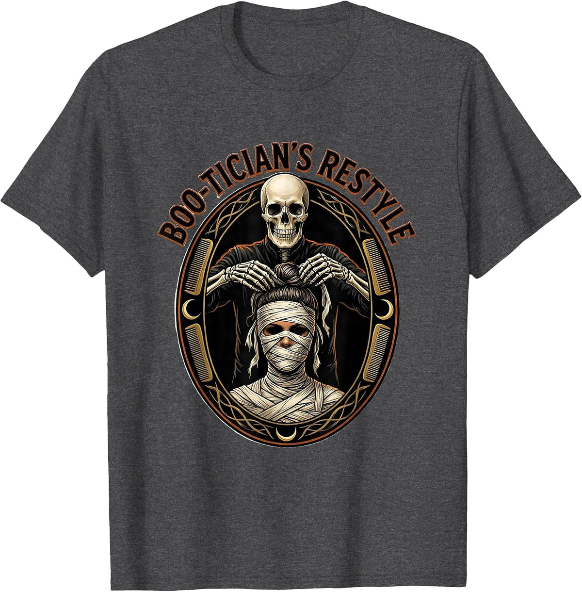 Boo-tician's Restyle Funny Skeleton Hairstylist Halloween T-Shirt - Dark Heather Grey