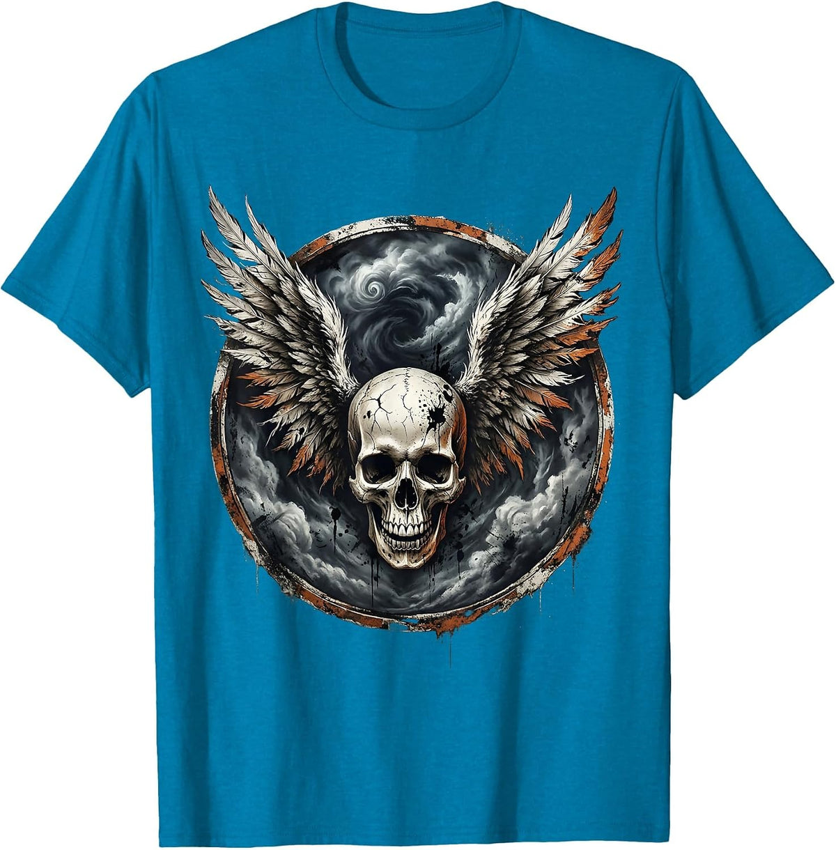 Winged Skull Storm Cloud Rock Graphic Tee T-Shirt - Sapphire Blue
