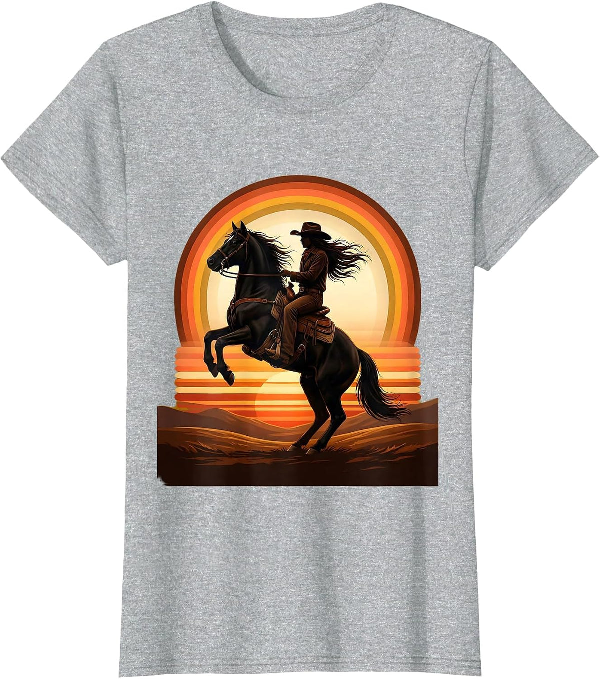 Black Cowgirl Rearing Horse Dusk Western Art T-Shirt - Heather Grey