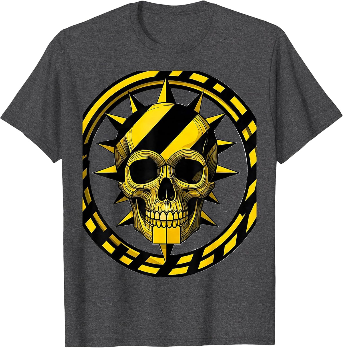 Men's Caution Tape Thorny Skull Black and Yellow Design T-Shirt - Dark Heather Grey