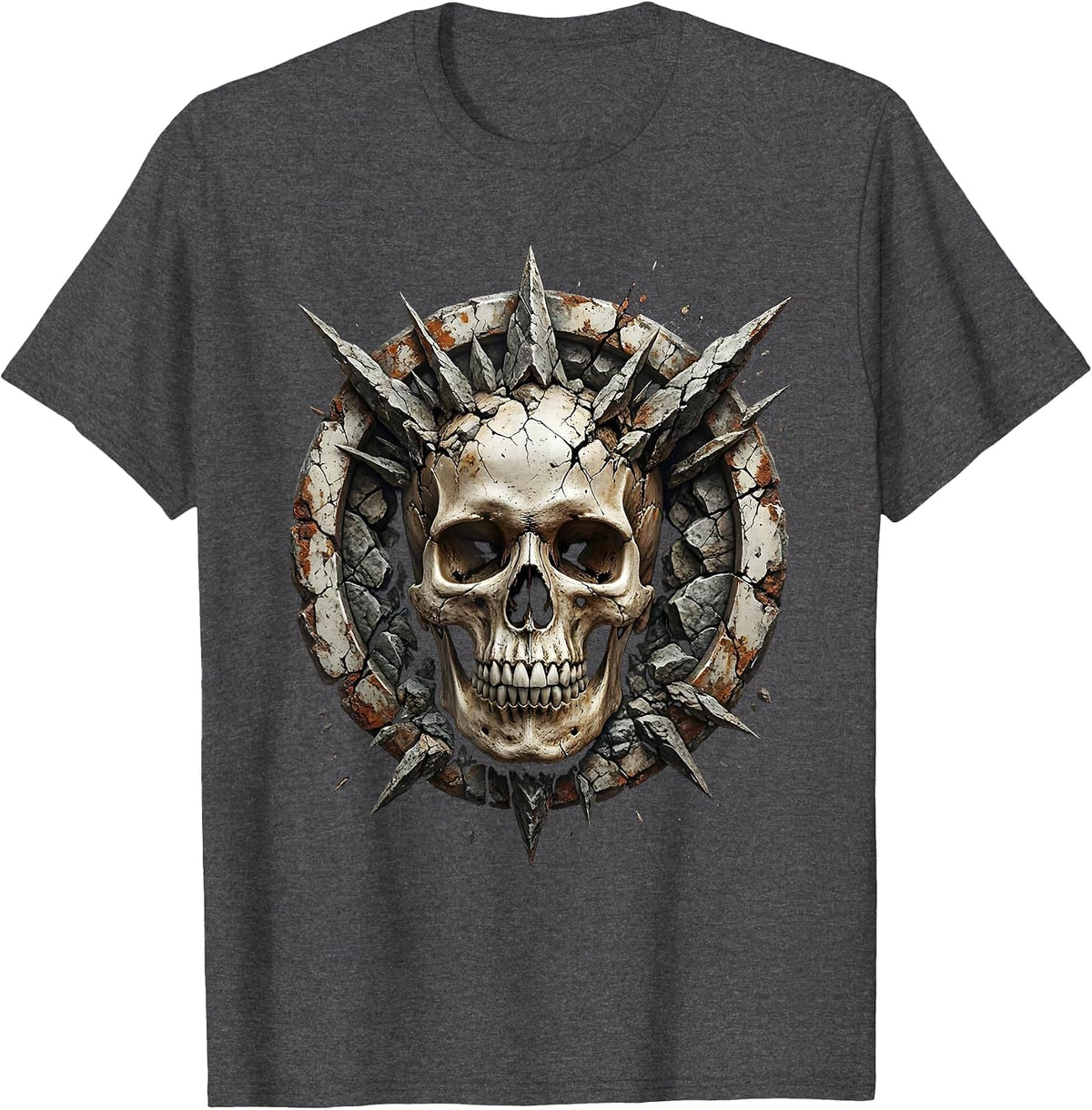 Skull Emerging From Jagged Rock Formation T-Shirt - Dark Heather Grey
