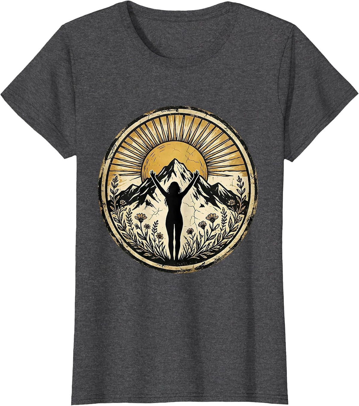 Women's Strong Woman Climbing Mountain Peak Sunrise Art T-Shirt - Dark Heather Grey