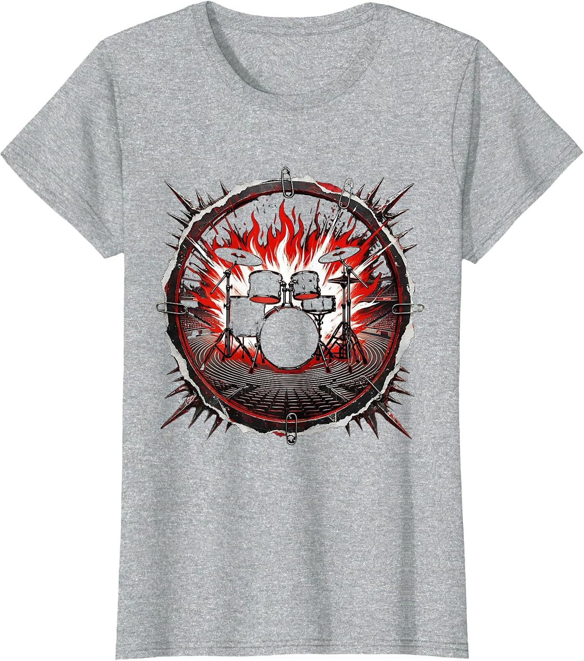Flaming Drum Kit Empty Arena Rock Band Graphic T-Shirt - Heather Grey