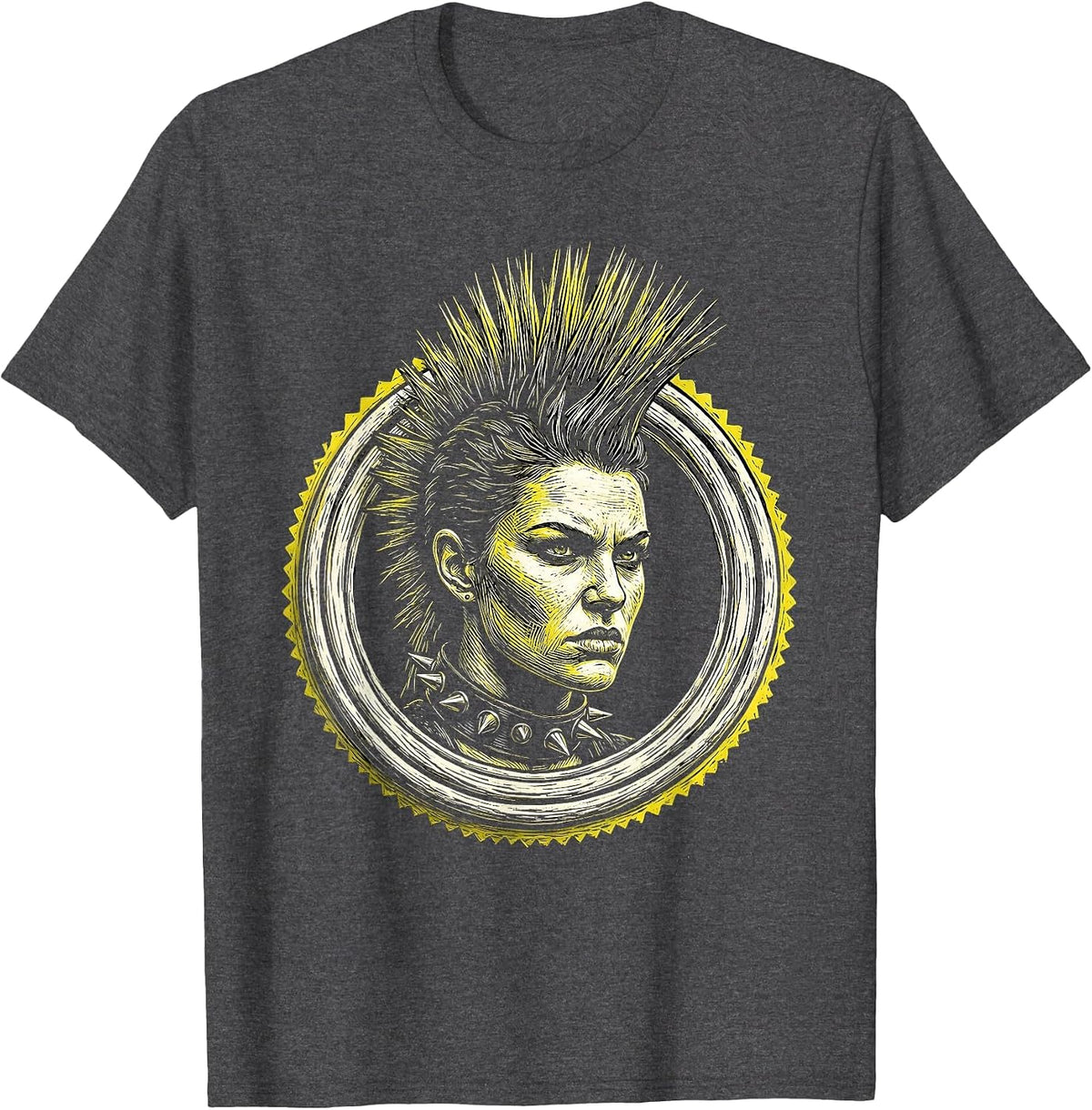 Rockstar Mohawk Studded Collar Punk Art Design T-Shirt - Dark Heather Grey