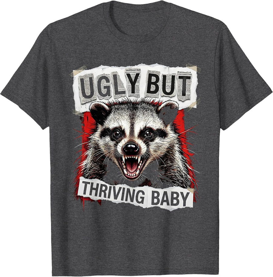 Men's Ugly But Thriving Opossum Funny Animal Design T-Shirt - Dark Heather Grey