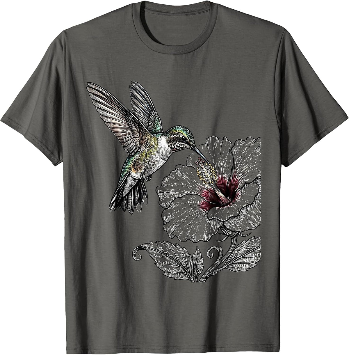 Hummingbird and Blooming Flower Illustration T-Shirt - Asphalt Grey