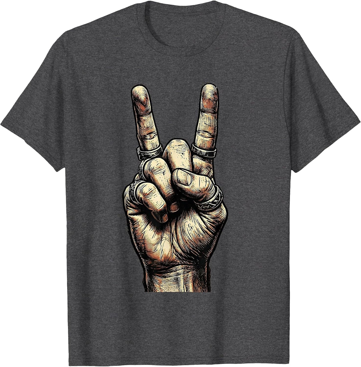 Devil Horns Hand Sign Rock Music Graphic T-Shirt - Dark Heather Grey