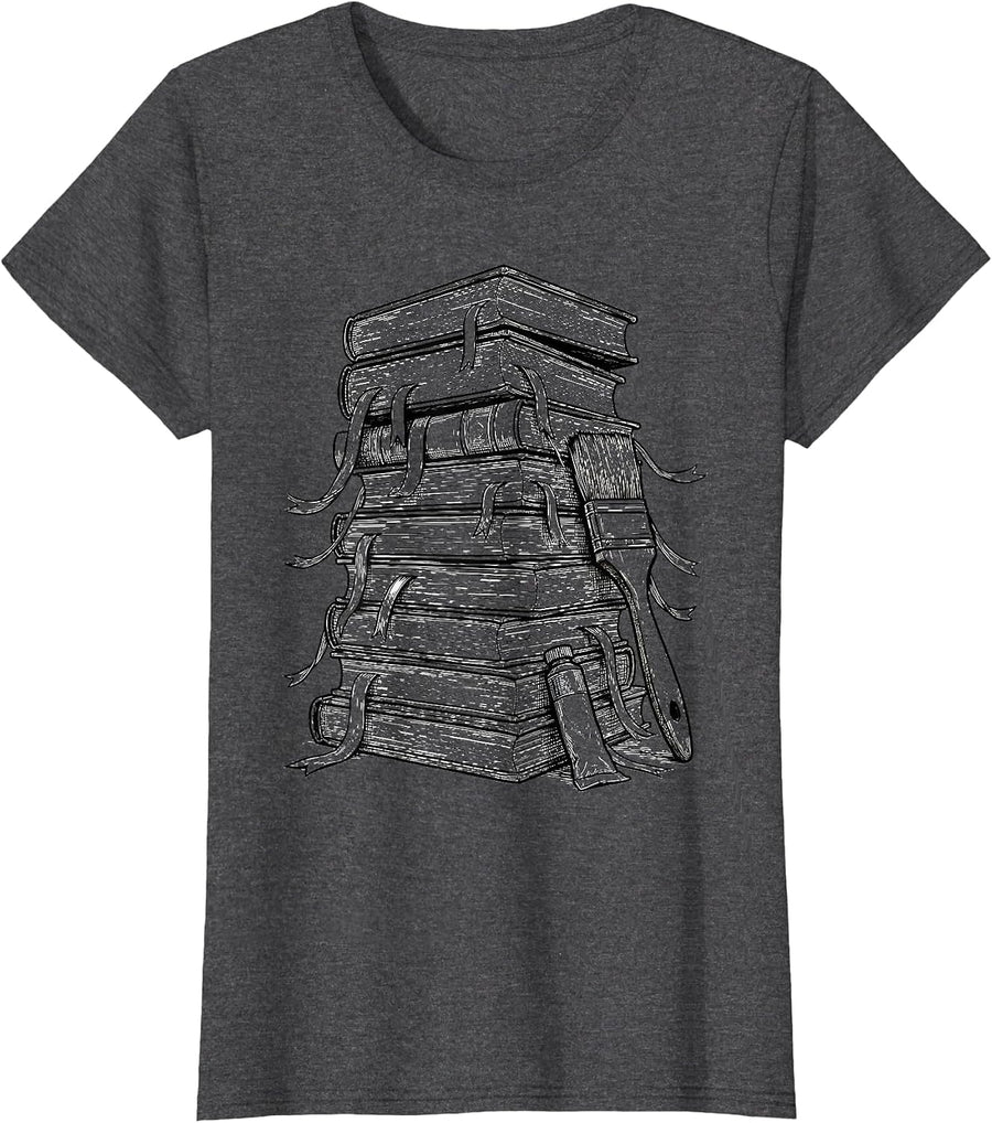 Women's Art Teacher Stacked Books Illustration Gift T-Shirt - Dark Heather Grey