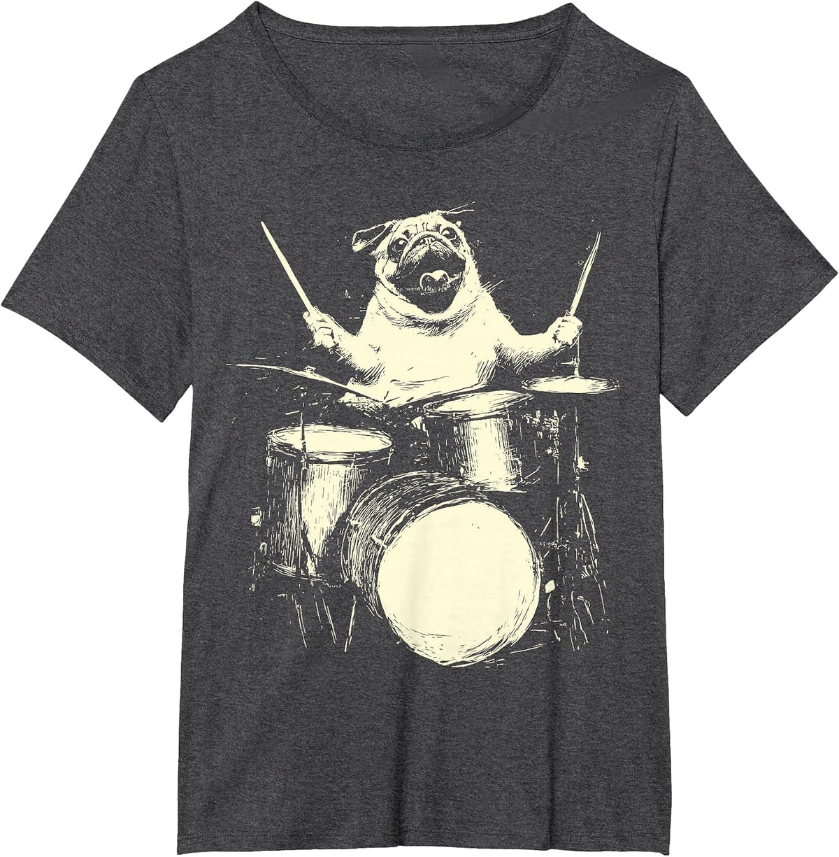 Cute Pug Playing Drums Funny Music Dog Drummer Graphic T-Shirt - Dark Heather Grey