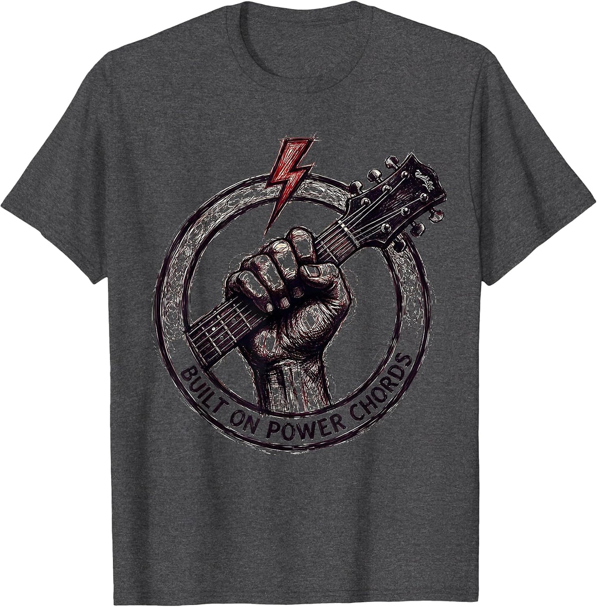 Men's Built on Power Chords Heavy Metal Guitar Design T-Shirt - Dark Heather Grey