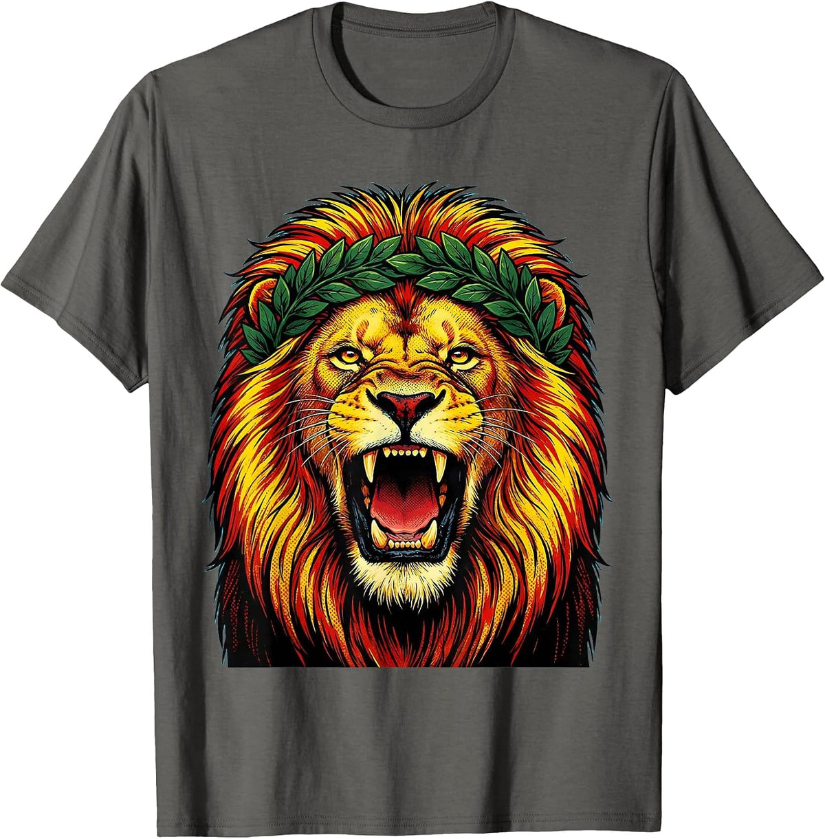 Roaring Lion Victory Wreath Crown Cheer Design T-Shirt - Asphalt Grey