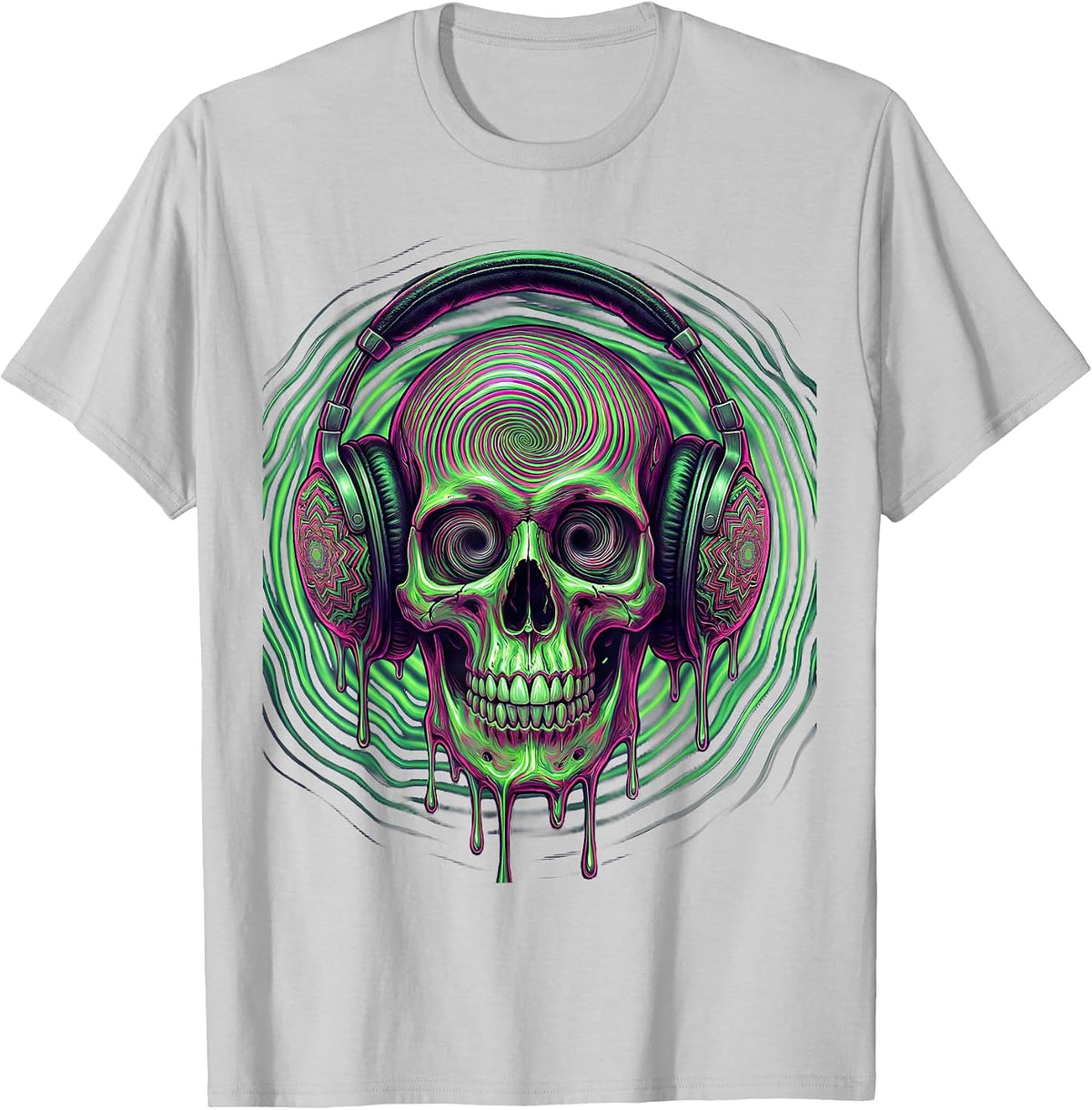 Men's Skull With Oversized Vintage Headphones Graphic T-Shirt - Silver Grey