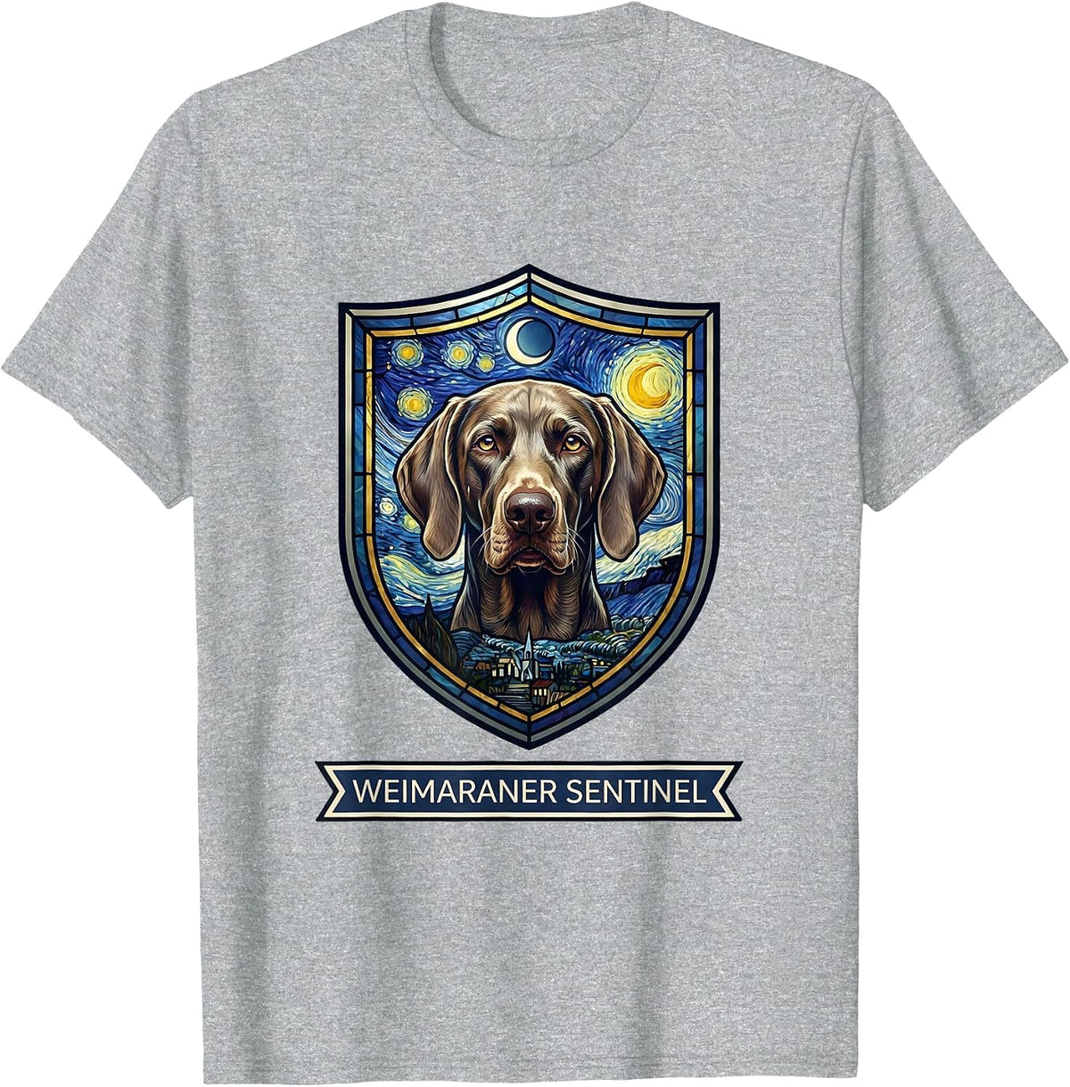 Men's Weimaraner Sentinel Van Gogh Style Starry Night Dog Breed T-Shirt - Heather Grey