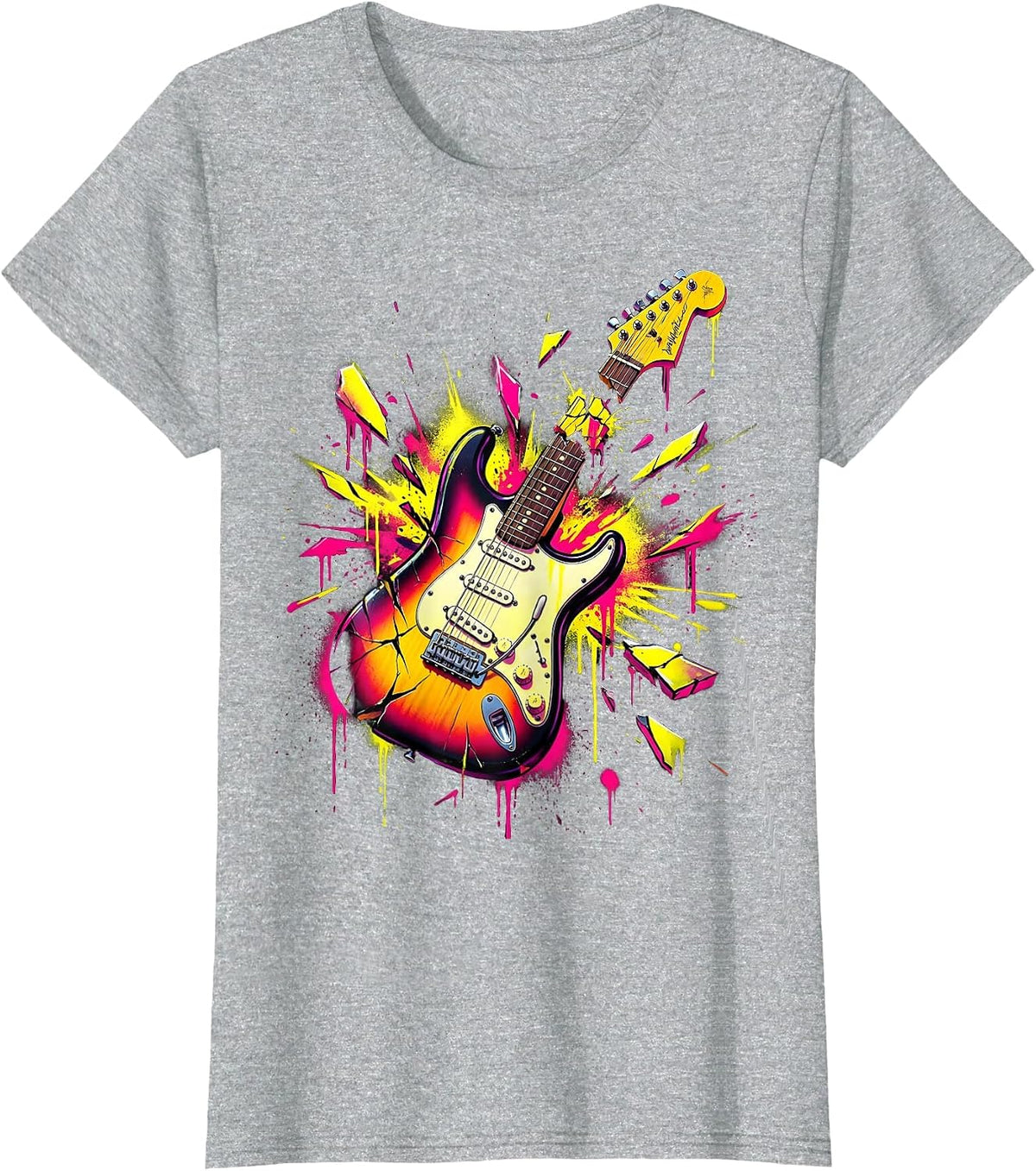 Electric Guitar Smash Sparks Rock Music Graphic T-Shirt - Heather Grey