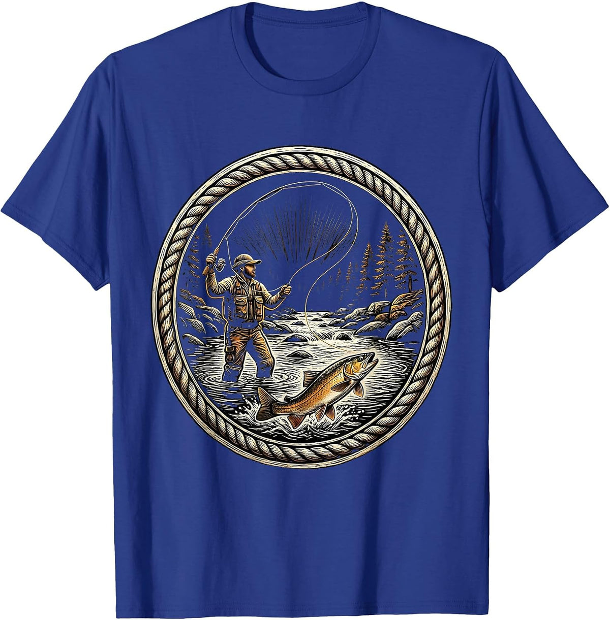Fly Fisher Casting in Stream Trout Fishing T-Shirt - Royal Blue