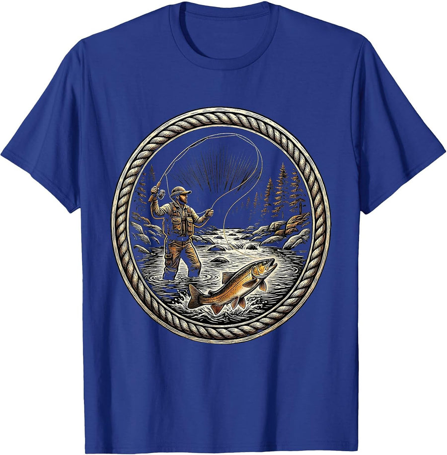 Fly Fisher Casting in Stream Trout Fishing T-Shirt - Royal Blue