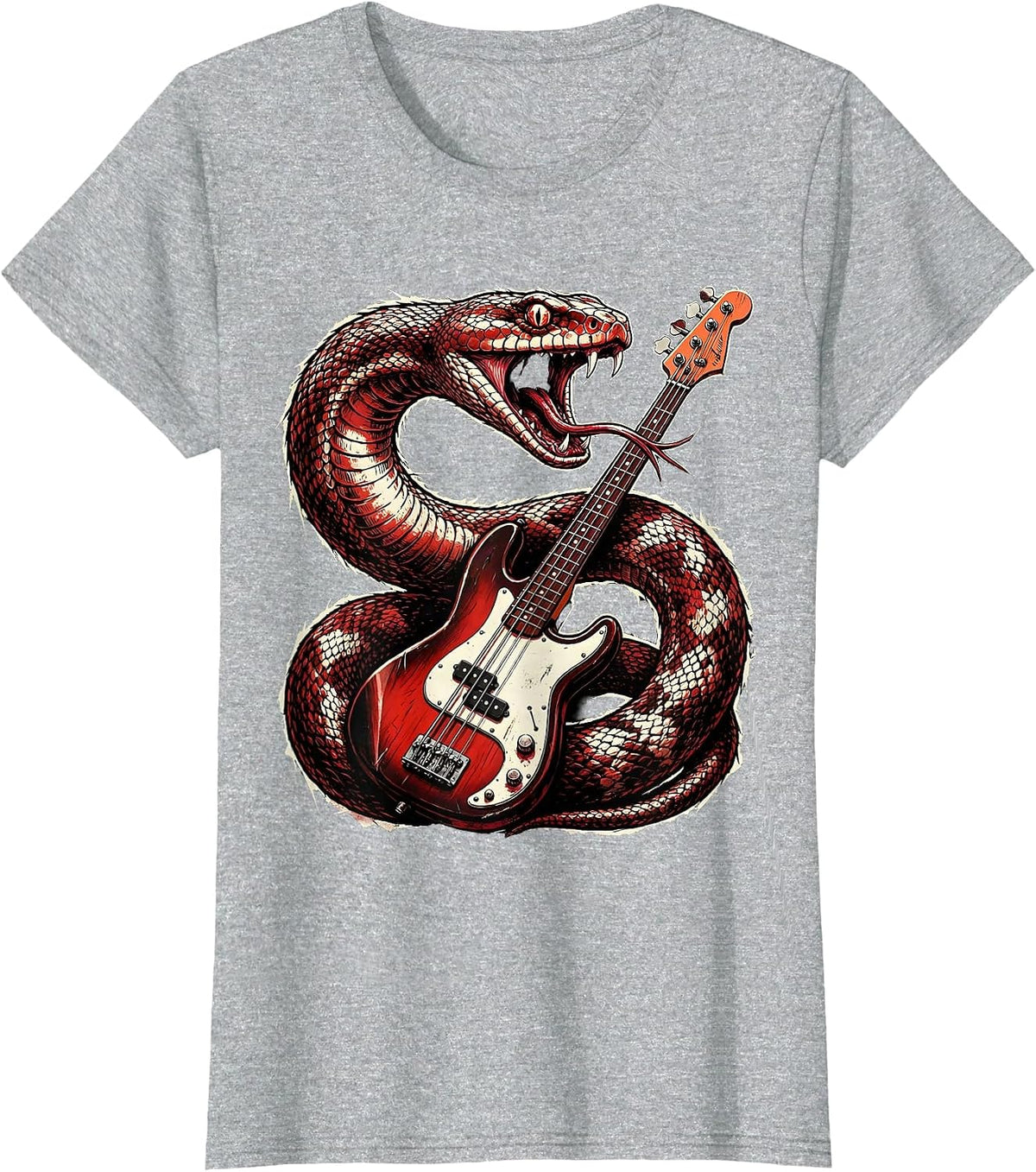 Women's Serpent Coiled Bass Guitar Rock Music Graphic T-Shirt - Heather Grey