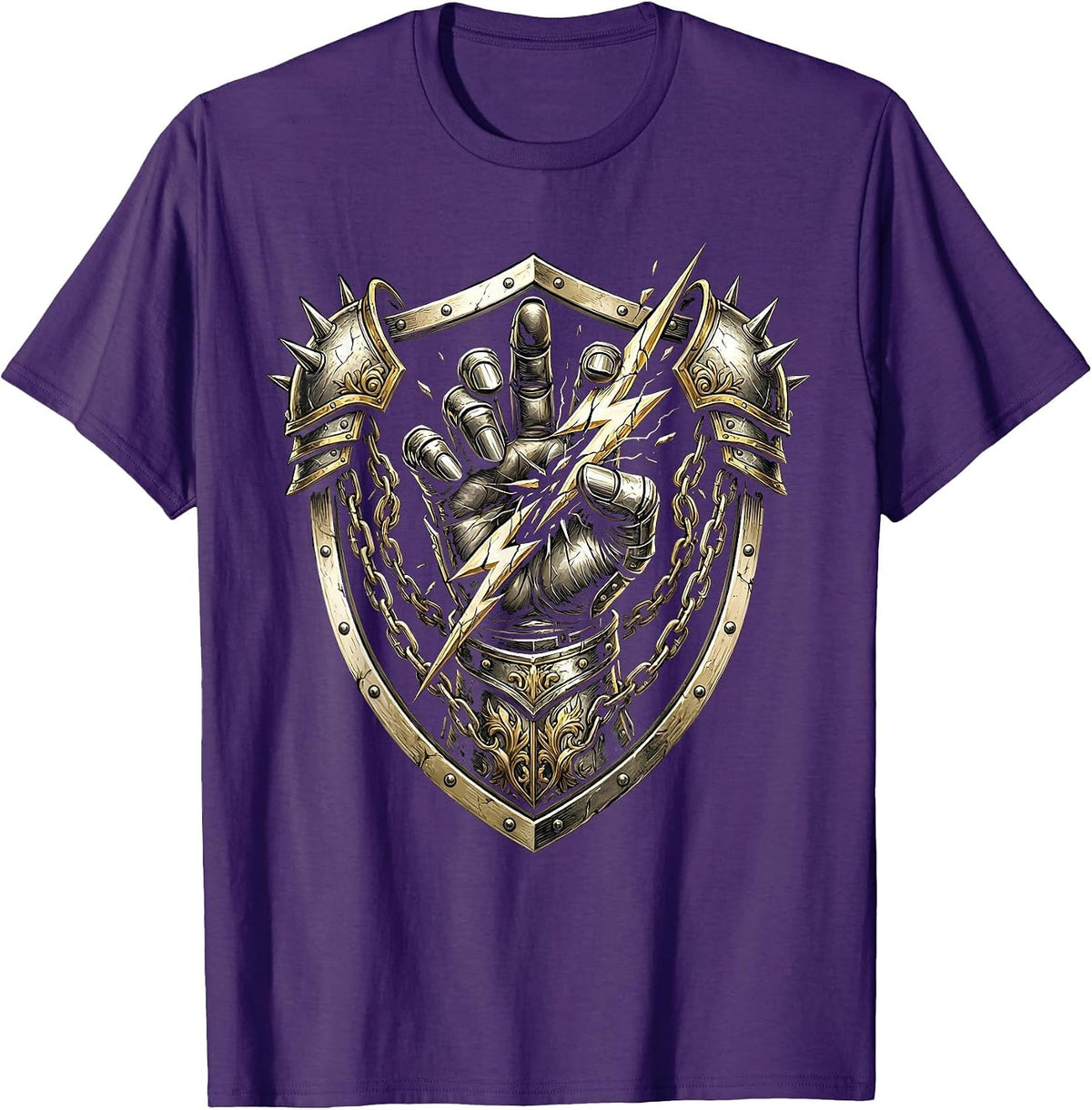 Men's Gauntlet Power Metal Fist Crushing Lightning Bolt T-Shirt - Purple