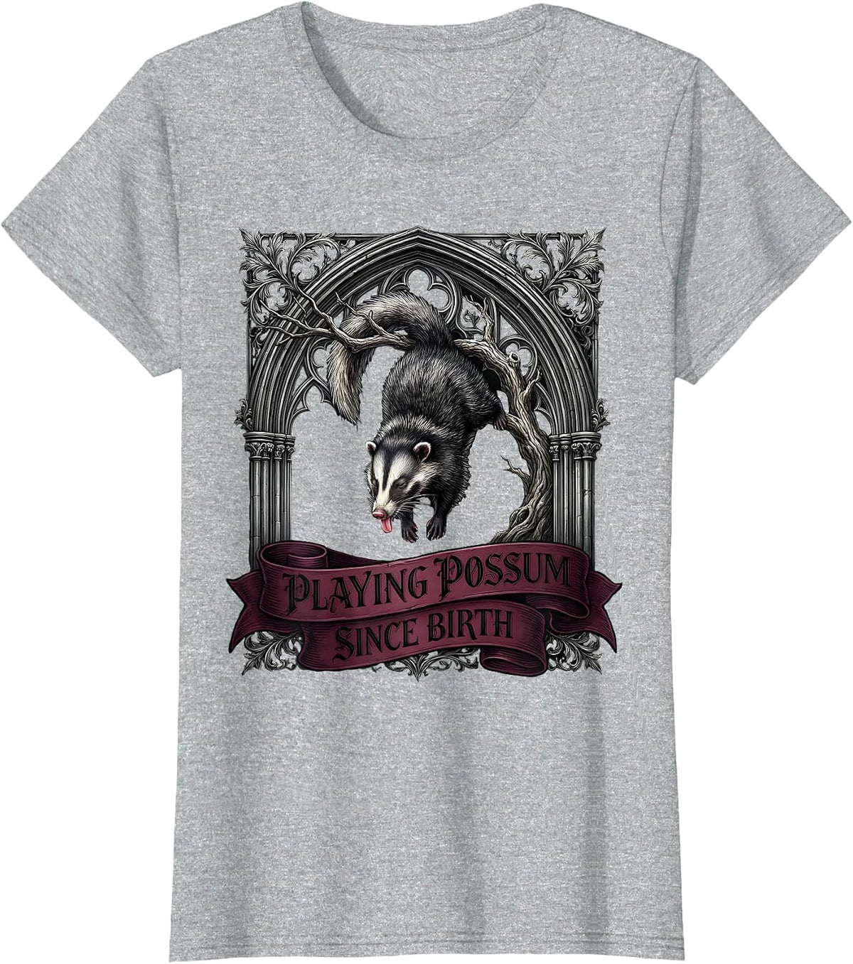 Women's Playing Possum Since Birth Funny Opossum Design T-Shirt - Heather Grey