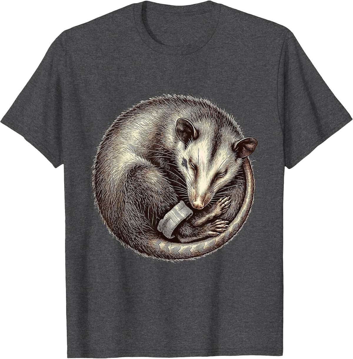 Sleepy Virginia Opossum Crosshatch Etching Cozy Pajama T-Shirt - Dark Heather Grey