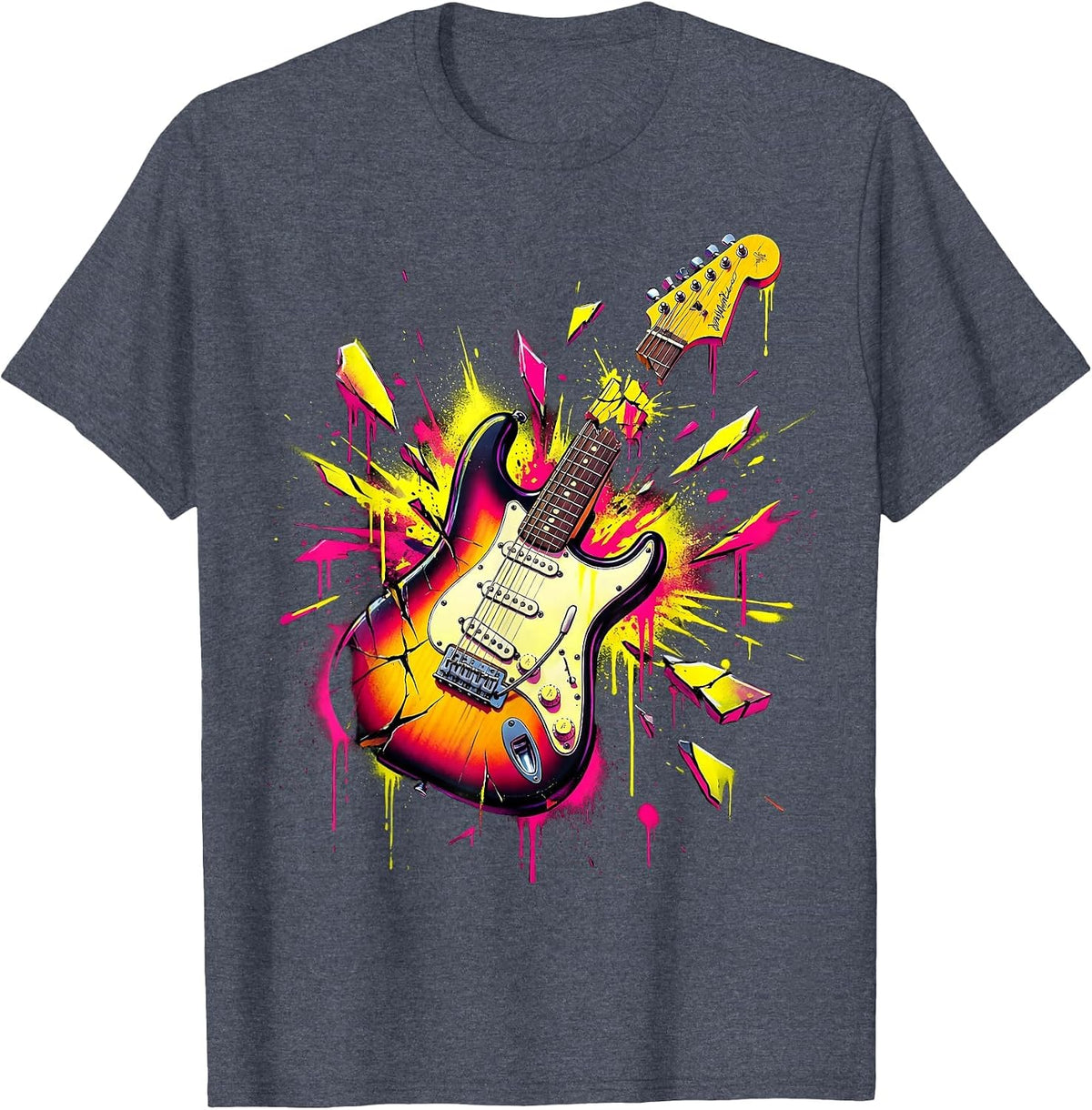 Electric Guitar Smash Sparks Rock Music Graphic T-Shirt - Heather Blue