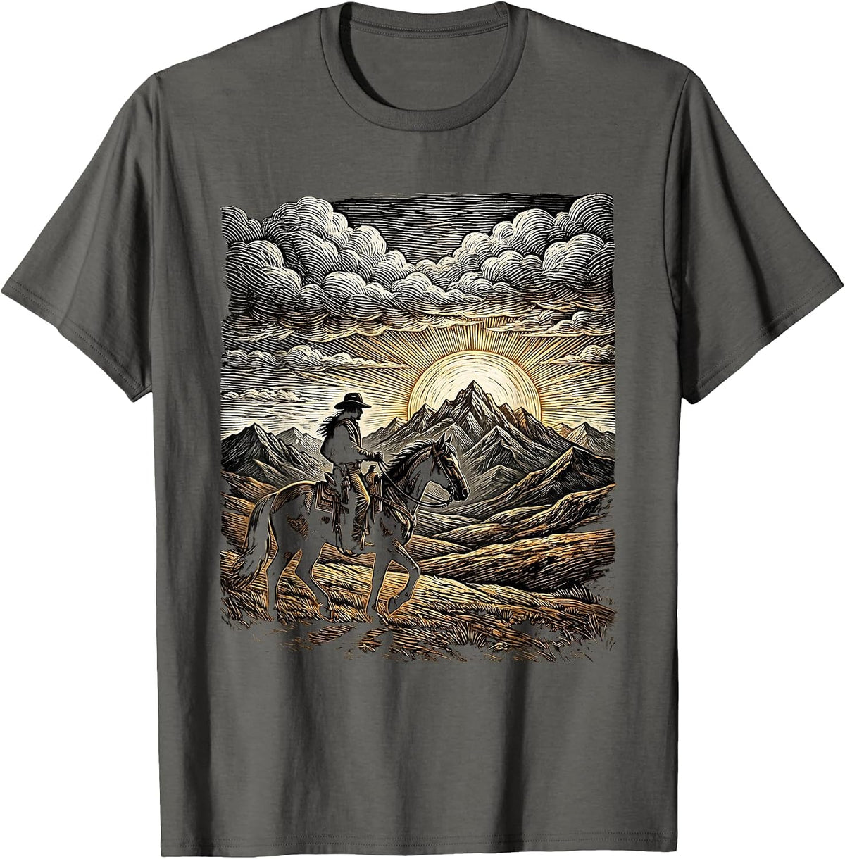 Cowboy Silhouette Riding Toward Mountain Horizon T-Shirt - Asphalt Grey