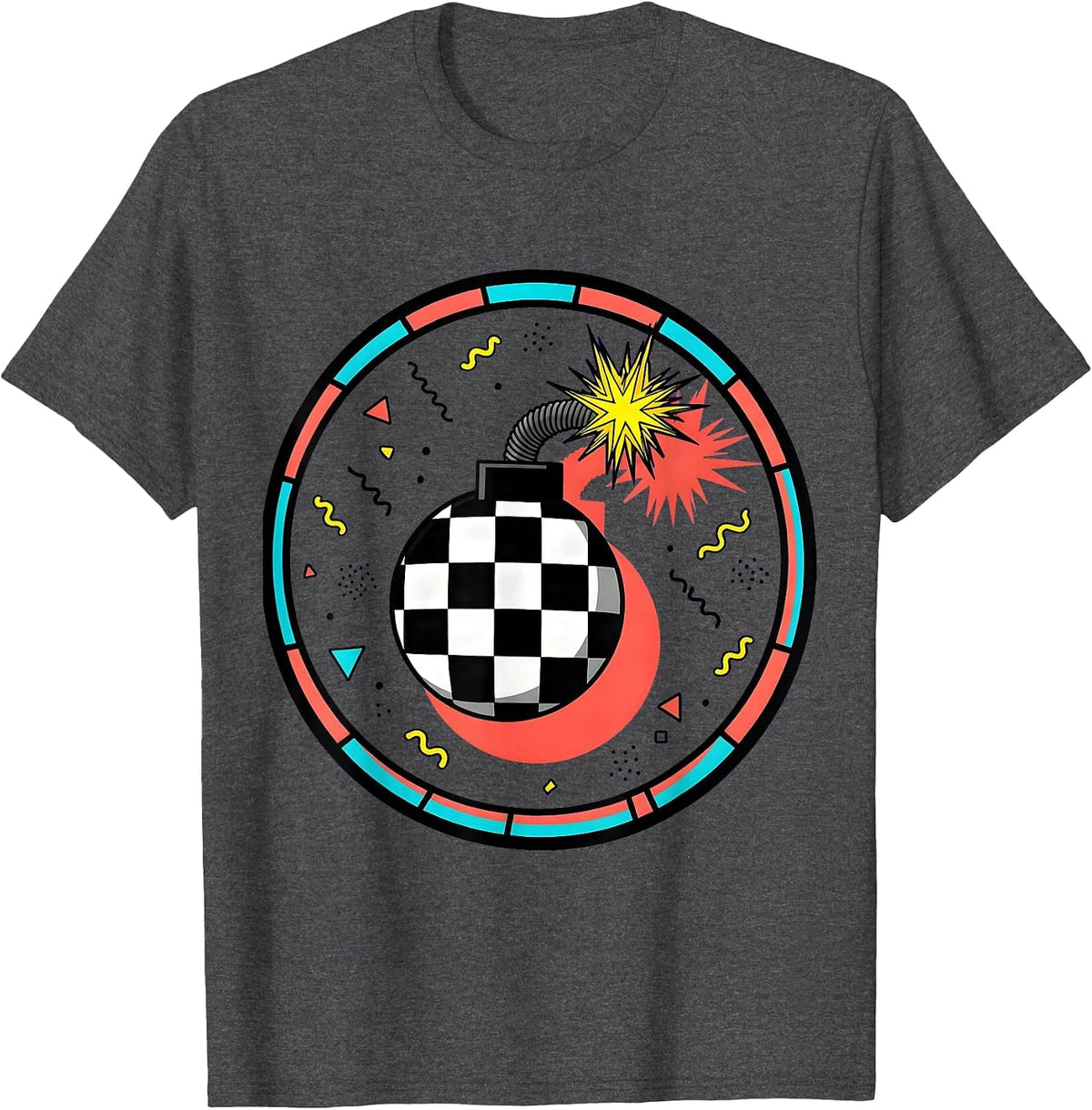 Black and White Checkered Bomb Sparkling Fuse Design T-Shirt - Dark Heather Grey