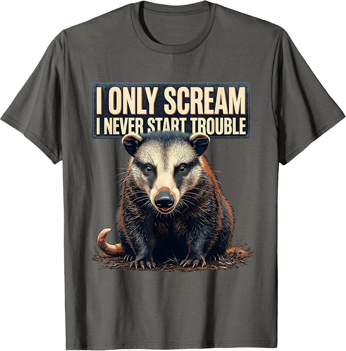 Men's I Only Scream I Never Start Trouble Funny Opossum Meme Humor T-Shirt - Asphalt Grey