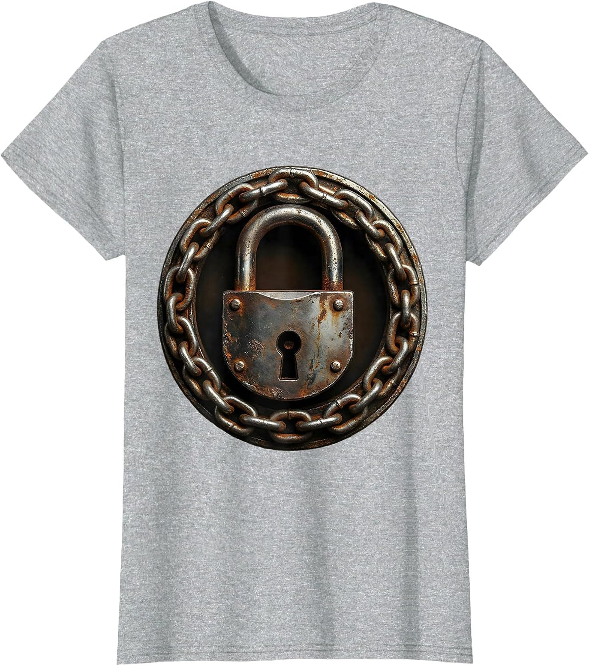 Heavy Padlock Wrapped in Chain Graphic T-Shirt - Heather Grey
