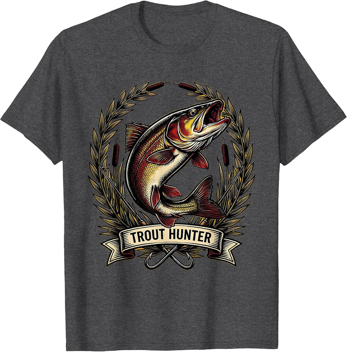 Trout Hunter Fishing Graphic Design T-Shirt - Dark Heather Grey