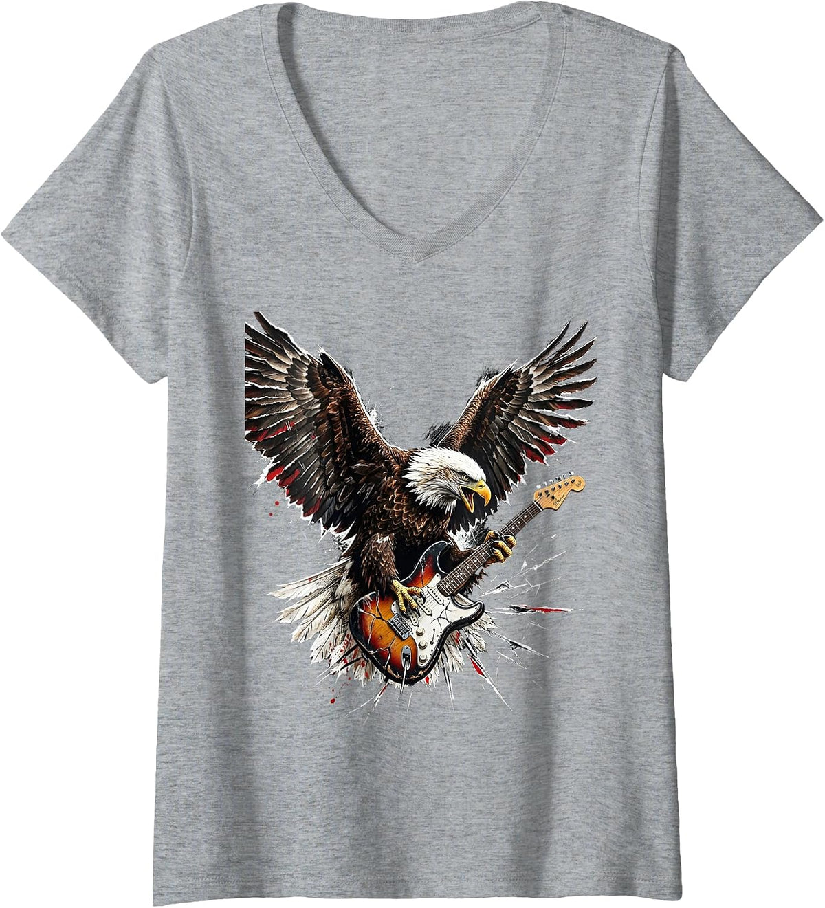 Women's Vintage Rock Eagle Electric Guitar Graphic V-Neck T-Shirt - Heather Grey