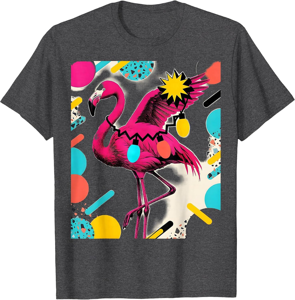 Men's Pink Flamingo Memphis Postmodern Christmas Holiday Novelty T-Shirt - Dark Heather Grey
