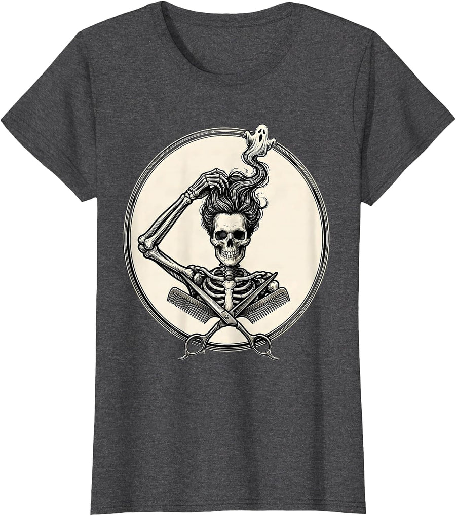 Women's Skeleton Hairstylist Badge Halloween Barber Humor T-Shirt - Dark Heather Grey