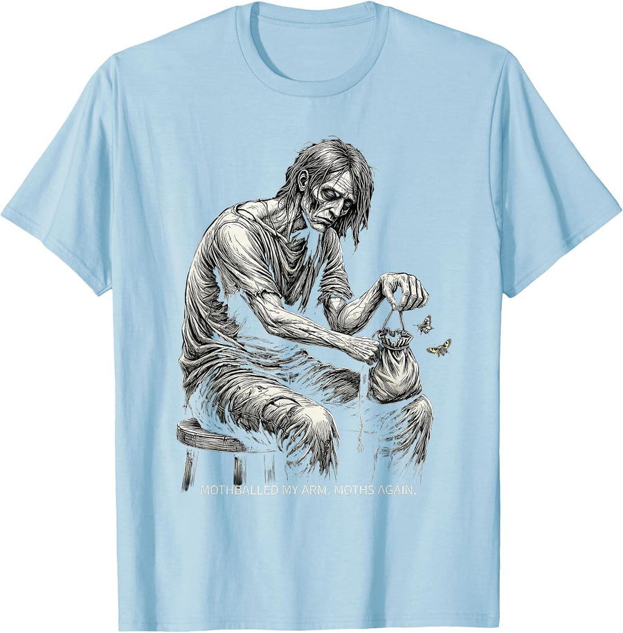 Men's Mothballed My Arm Moths Again Funny Zombie Horror Punk Humor T-Shirt - Baby Blue