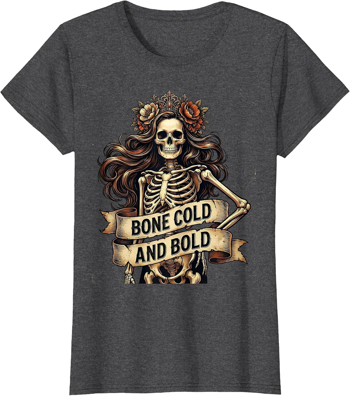 Women's Bone Cold and Bold Skeleton Graphic Design T-Shirt - Dark Heather Grey