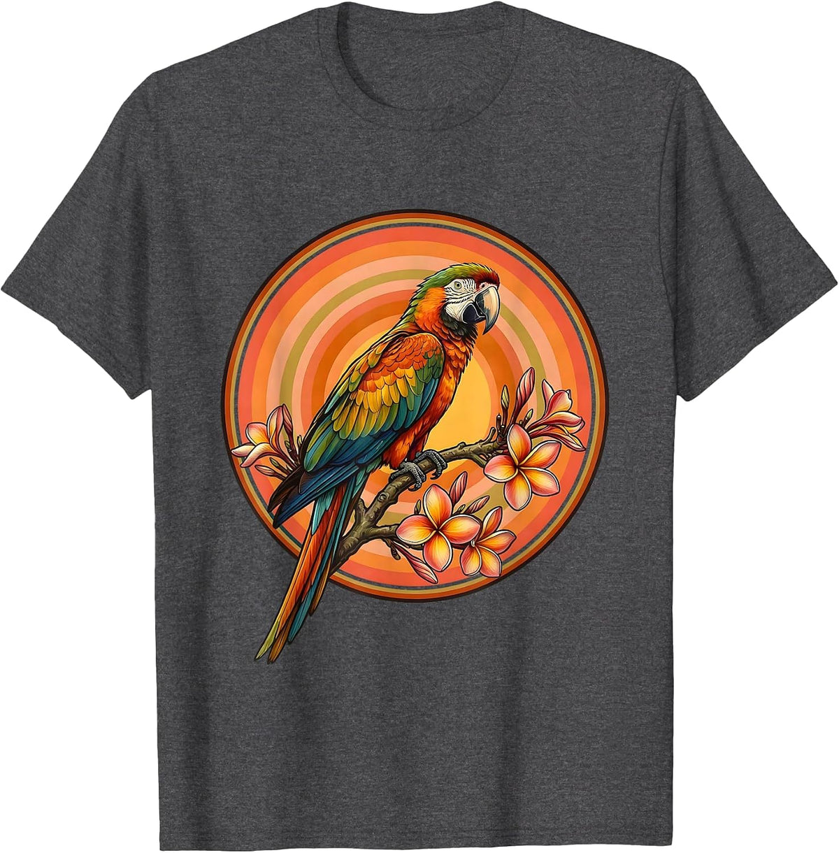 Macaw on Plumeria Branch Hawaiian Graphic T-Shirt - Dark Heather Grey
