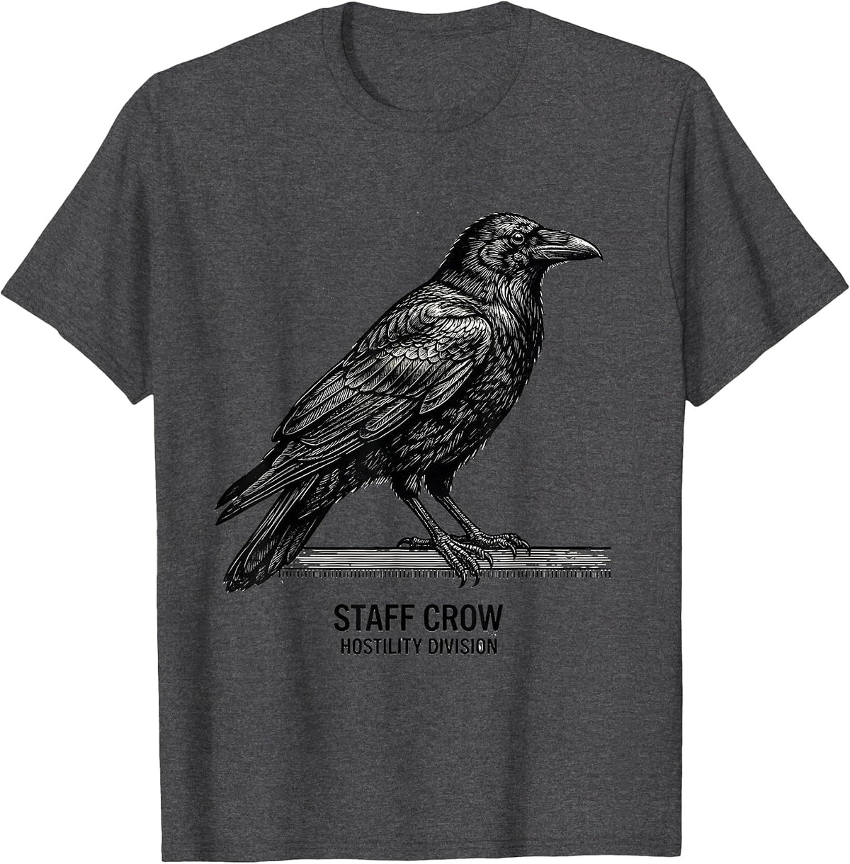 Men's STAFF CROW HOSTILITY DIVISION Funny Gothic Crow Dark Humor T-Shirt - Dark Heather Grey