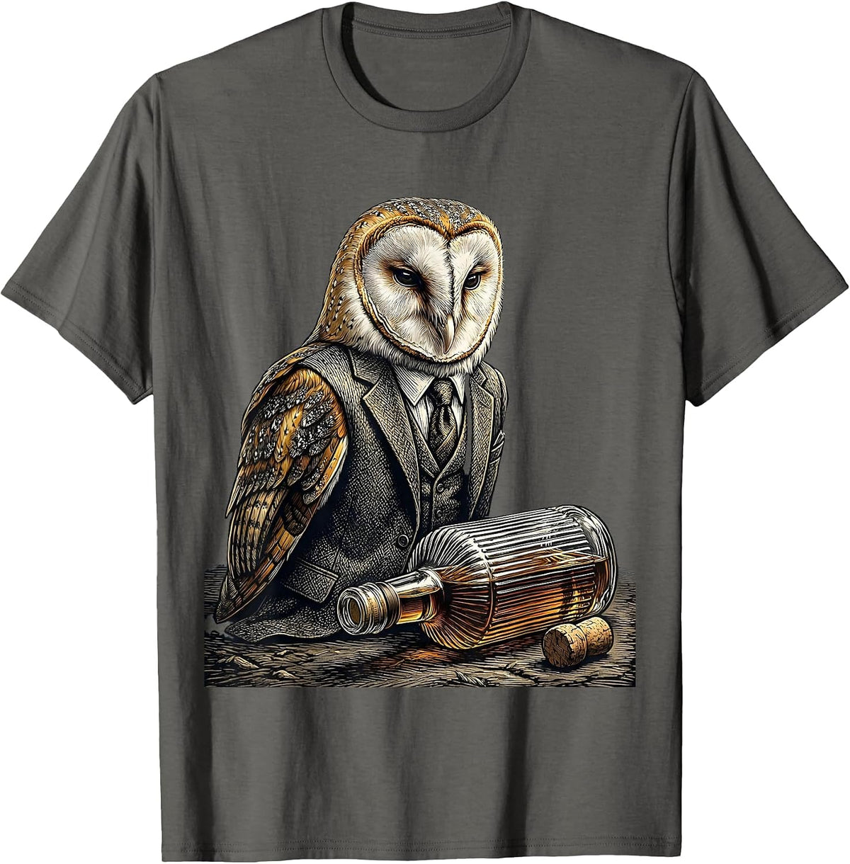 Whiskey Lover Sarcastic Owl in Suit Side-Eye T-Shirt - Asphalt Grey