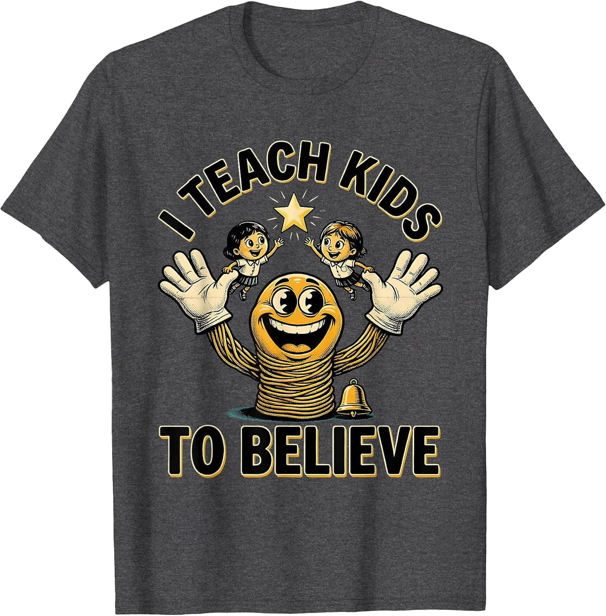 I Teach Kids To Believe Retro Cartoon Teacher Appreciation T-Shirt - Dark Heather Grey