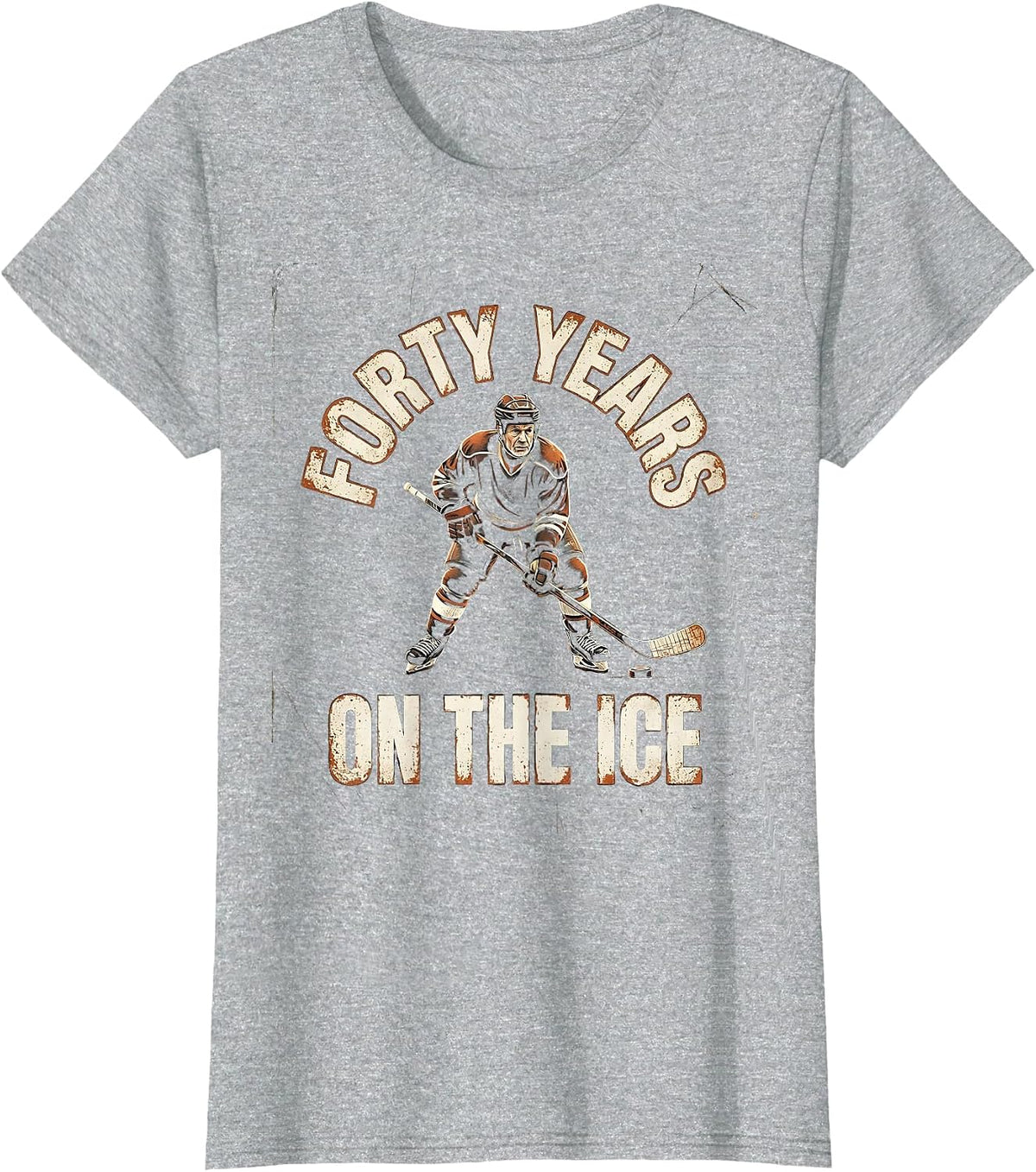 Forty Years On The Ice Distressed Hockey Player Funny Old T-Shirt - Heather Grey