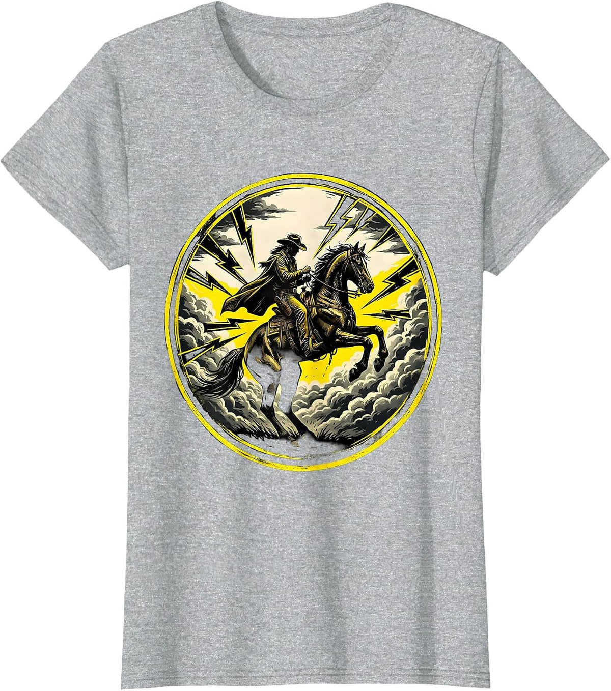 Cowboy Riding Horse Through Lightning Storm T-Shirt - Heather Grey