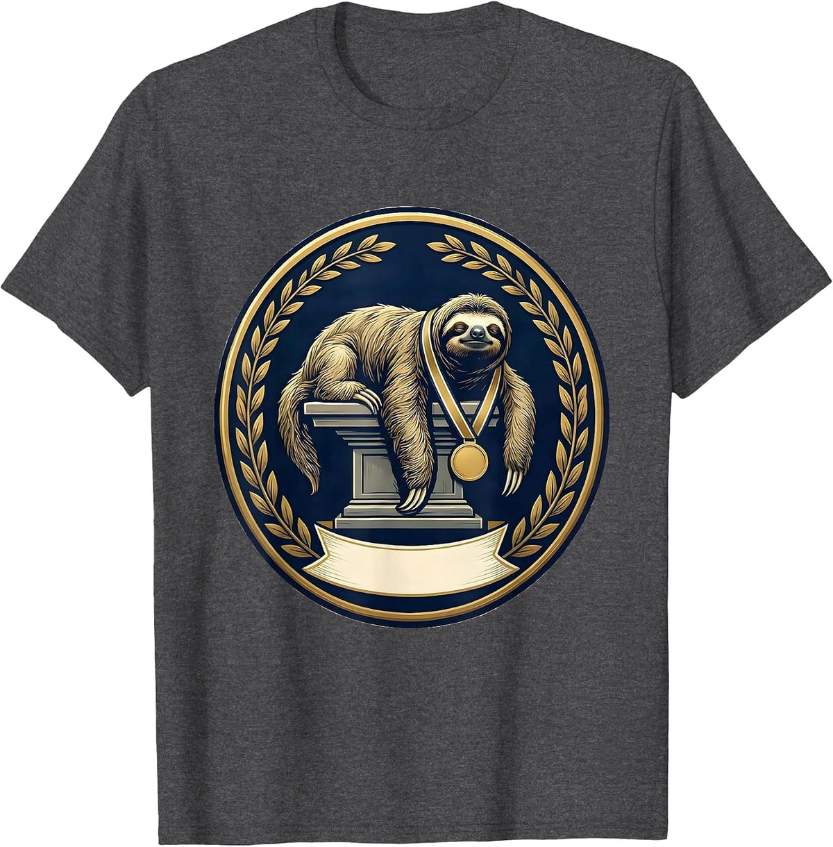 Men's Medallion Sloth Emblem Funny Sloth Lover Novelty T-Shirt - Dark Heather Grey