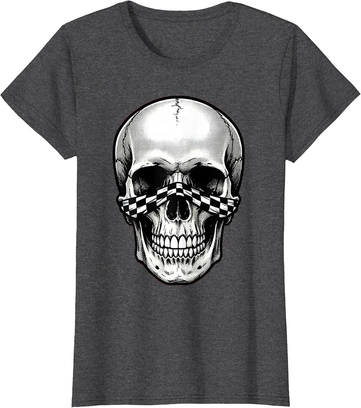 Women's Skull Checkered Bandana Graphic Design T-Shirt - Dark Heather Grey