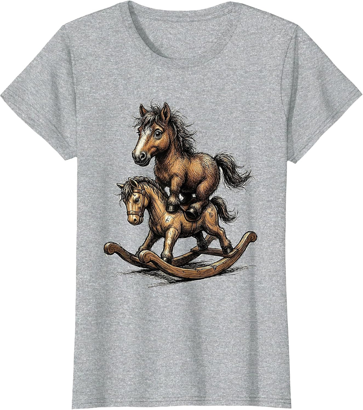 Tiny Horse on a Tiny Rocking Horse Funny Graphic T-Shirt - Heather Grey