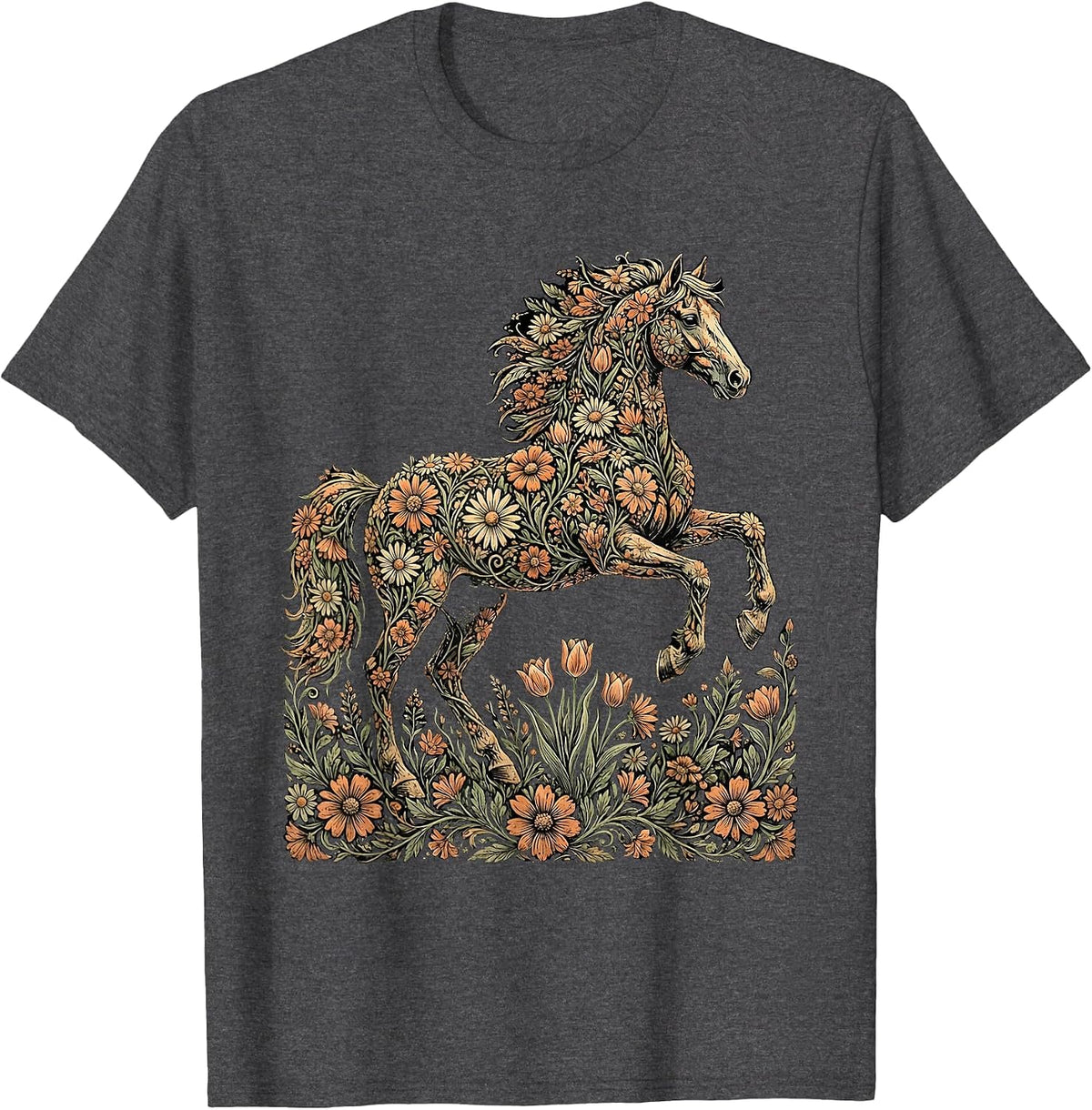 Men's Wildflower Horse Floral Botanical Art Design T-Shirt - Dark Heather Grey