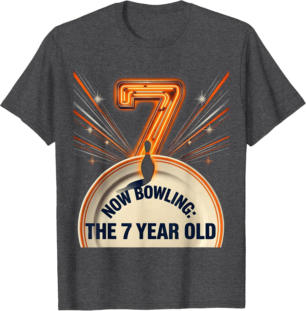 Now Bowling The 7 Year Old Retro Futurist Birthday Party T-Shirt - Dark Heather Grey